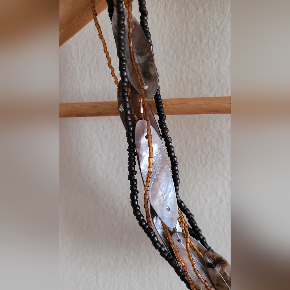 Multi Strand Chunky Necklace with Shell and Stacked Wooden Beads. - Picture 4 of 6